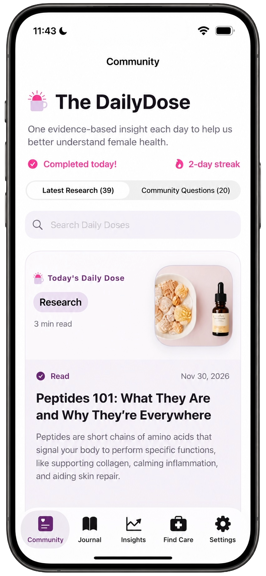 LS Companion Daily Dose screen with women's health research and education