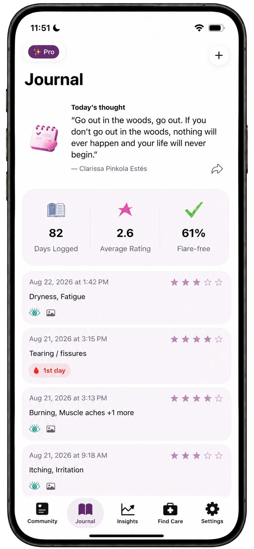 LS Companion journal screen for tracking symptoms and health changes